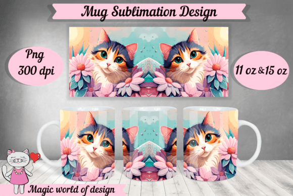 Cat in Flowers Sublimation PNG Mug