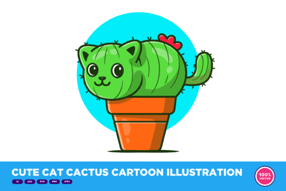 Cute Cat Cactus Cartoon Illustration